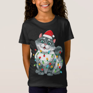 Kerstkat gewikkeld in kleurrijke lichten dragen S T-shirt