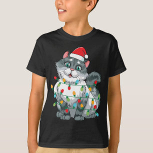 Kerstkat gewikkeld in kleurrijke lichten dragen S T-shirt