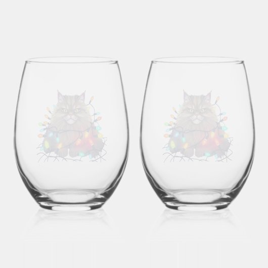 Kerstkat Gewikkeld in Kleurrijke Lichtjes Wijnglas Zonder Voet (Achterkant)