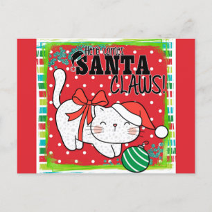 Kerstkat hier komt uit de kerstklauw briefkaart