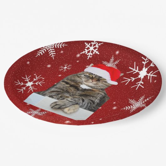 Kerstkat Humbug Foto met Santa Hat Papieren Bordje (Gekanteld)