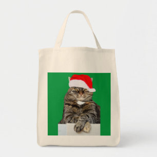 Kerstkat Humbug Foto met Santa Hat Tote Bag