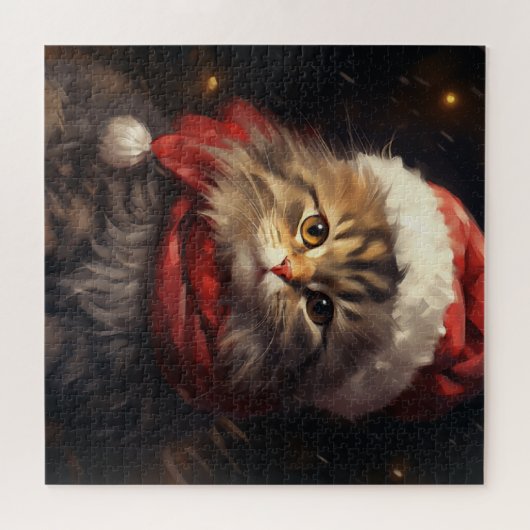 Kerstkat in een kerstmuts puzzel legpuzzel (Horizontaal)