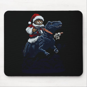 Kerstkat in kerstmannenhoed met pistool en dinosau muismat