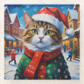 Kerstkat in kerstmuts glazen onderzetter (Voorkant)