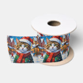 Kerstkat in kerstmuts satijnen lint (Spoel)