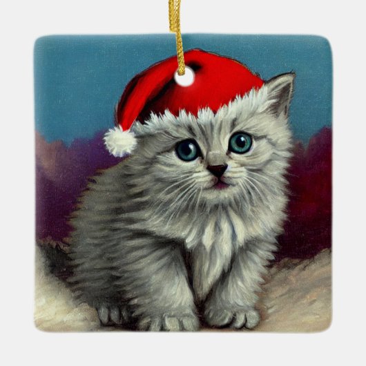 Kerstkat in kerstmuts uit het verleden keramisch ornament (Voorkant)