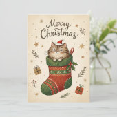 Kerstkat in Kous Feestdagenkaart (Staand voorkant)