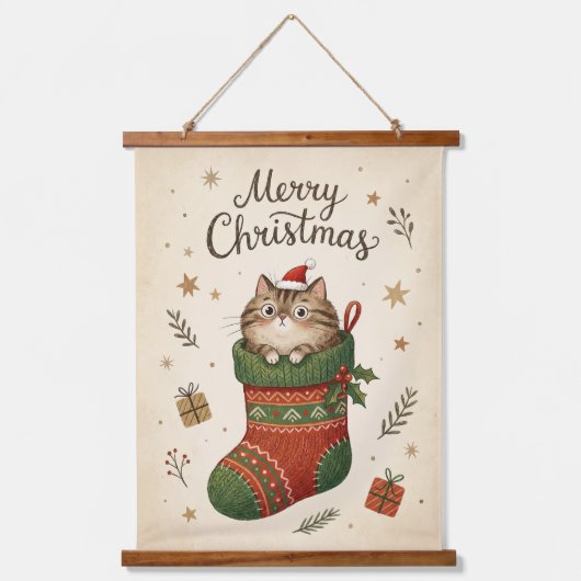 Kerstkat in Kous Hangend Wandkleed (Voorkant)
