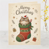 Kerstkat in Kous Kaart (Gele Bloem)