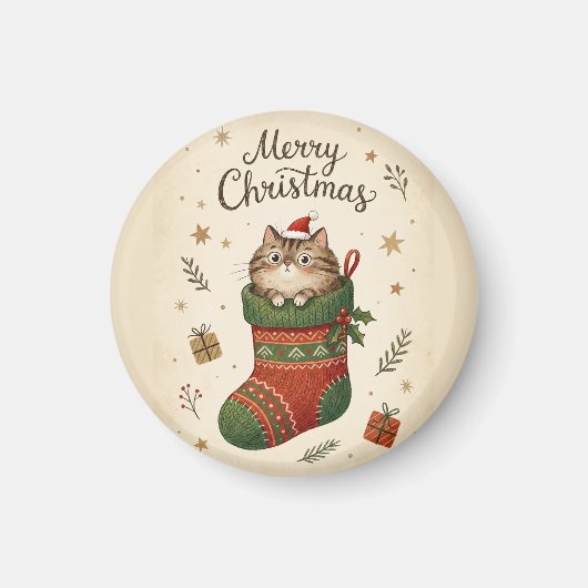 Kerstkat in Kous Magneet (Voorkant)
