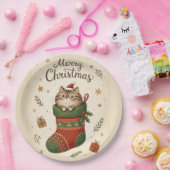 Kerstkat in Kous Papieren Bordje (Feest)