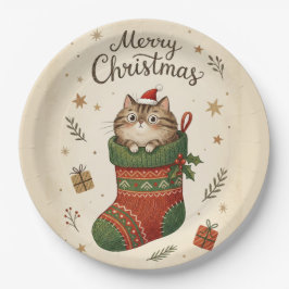Kerstkat in Kous Papieren Bordje