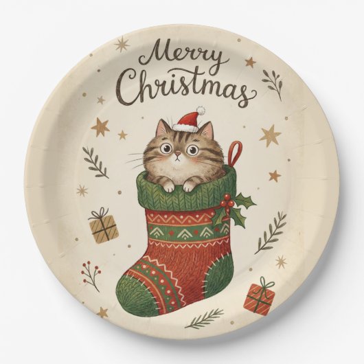 Kerstkat in Kous Papieren Bordje (Voorkant)