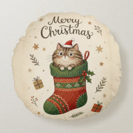 Kerstkat in Kous Rond Kussen