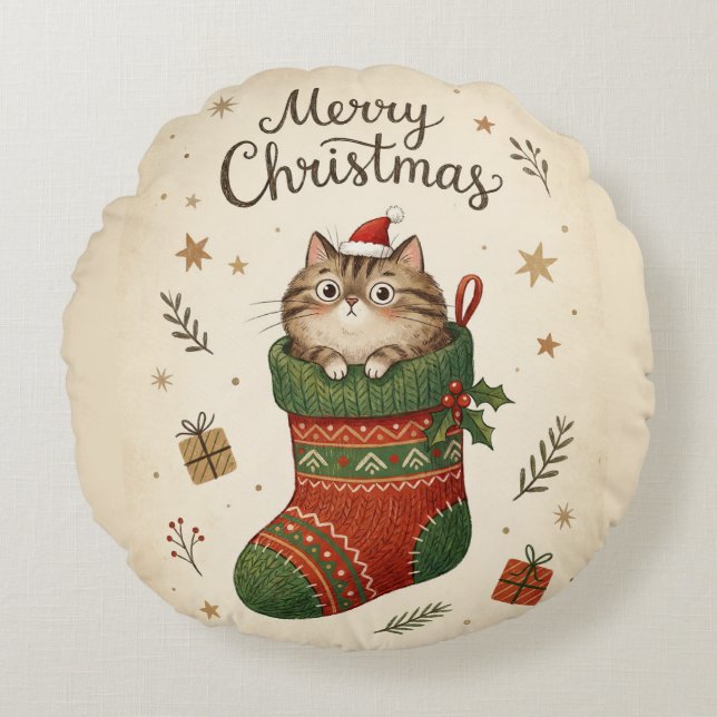 Kerstkat in Kous Rond Kussen (Voorkant)