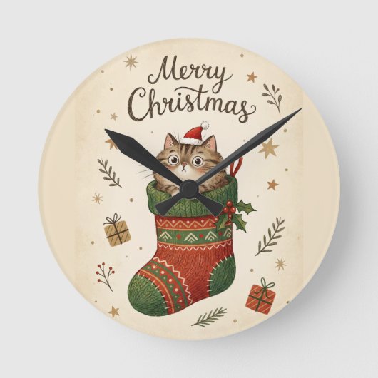 Kerstkat in Kous Ronde Klok (Voorkant)