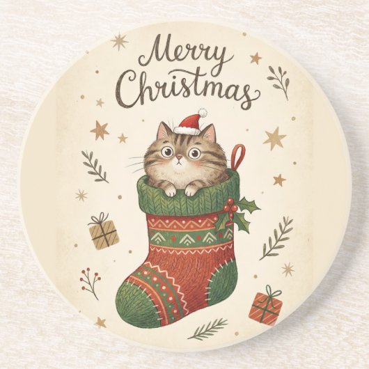 Kerstkat in Kous Zandsteen Onderzetter (Voorkant)