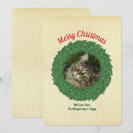 Kerstkat in krans huisdier foto feestdagenkaart (Voorkant / Achterkant)
