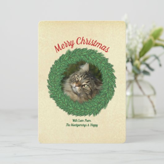 Kerstkat in krans huisdier foto feestdagenkaart (Staand voorkant)