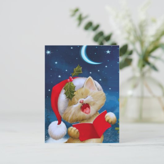 Kerstkat in nacht Vakantie Kaart (Staand voorkant)