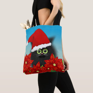 Kerstkat in Santa Hat Amid Poinsettia Tote Bag