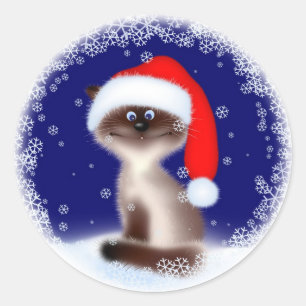 Kerstkat in Santa Hat Ronde Sticker