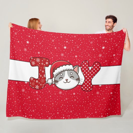Kerstkat "JOY" Rood Wit Sneeuwvlok & Stippen Fleece Deken (In situ)