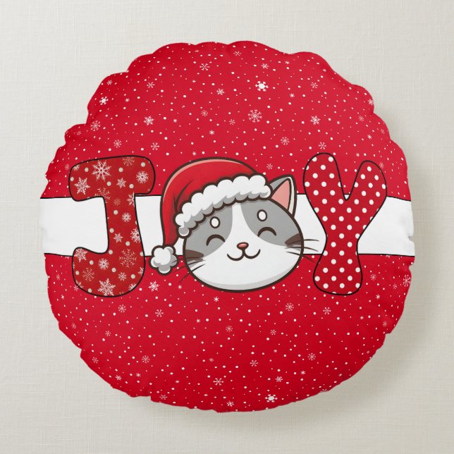 Kerstkat "JOY" Rood Wit Sneeuwvlok & Stippen Rond Kussen (Voorkant)