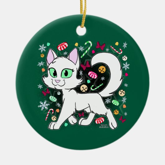 Kerstkat Keramische Versiering (Groen) Keramisch Ornament (Voorkant)
