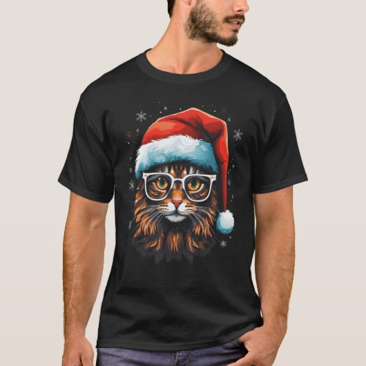 Kerstkat Kerstman Hoed Bril Design T-shirt (Voorkant)