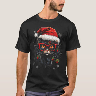 Kerstkat Kerstman Hoed Kerstlichtjes Vakantie Kitt T-shirt