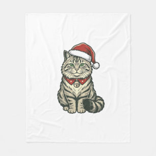 Kerstkat Kerstman Hoed Vintage Gravure Design_1 Fleece Deken