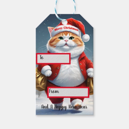 Kerstkat Kerstman, Kerstmis Cadeaulabel (Voorkant)