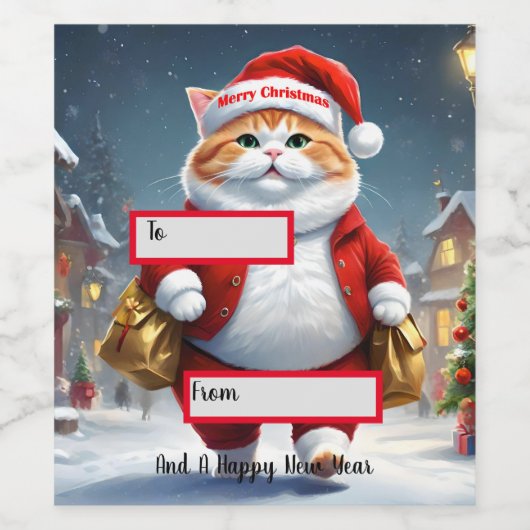 Kerstkat Kerstman, Kerstmis Wijn Etiket (Enkel label)