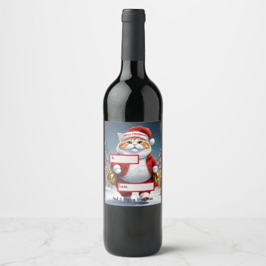 Kerstkat Kerstman, Kerstmis Wijn Etiket (Voorkant)