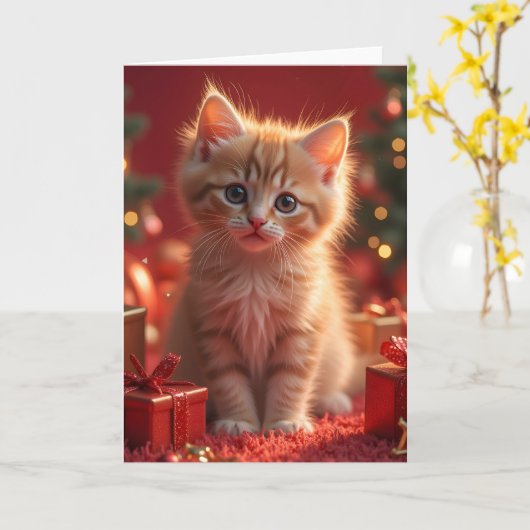 KERSTKAT KITTEN BLANKE KAART (Gele Bloem)