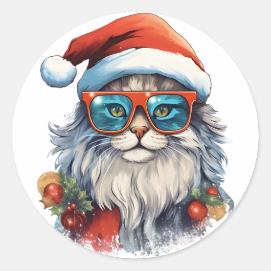 kerstkat Klassiek Ronde Sticker (Voorkant)