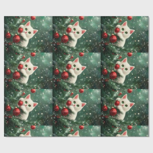 Kerstkat klimt in Kerstboom Cadeaupapier (Vlak)