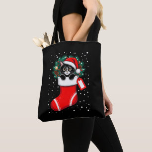 Kerstkat Kous Santa Hoed Denneappels Sneeuw Tote Bag