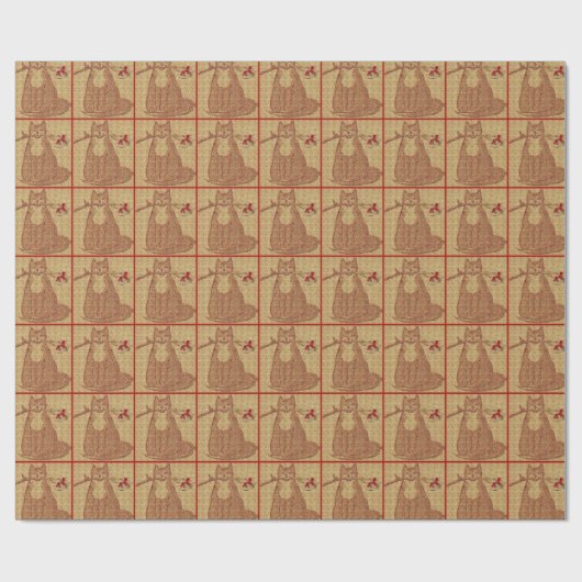 kerstkat met bellen. Rood en goud Cadeaupapier (Vlak)