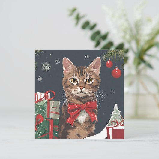 Kerstkat met Cadeaus Feestdagenkaart (Staand voorkant)