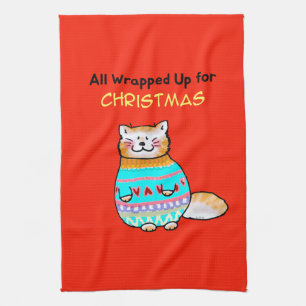 Kerstkat met een speelse kerstsfeer theedoek