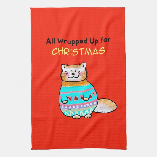Kerstkat met een speelse kerstsfeer theedoek (Verticaal)