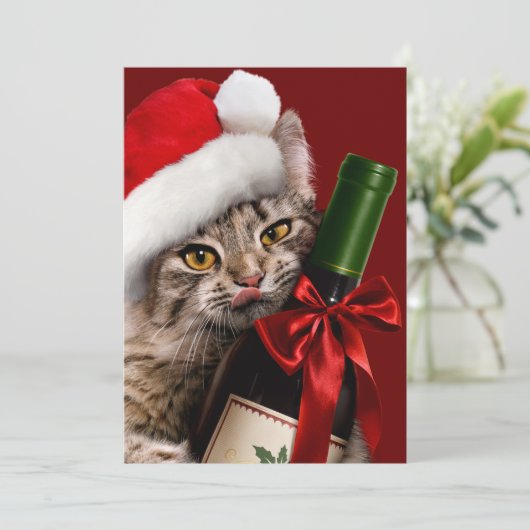 Kerstkat met fles wijn kaart (Staand voorkant)