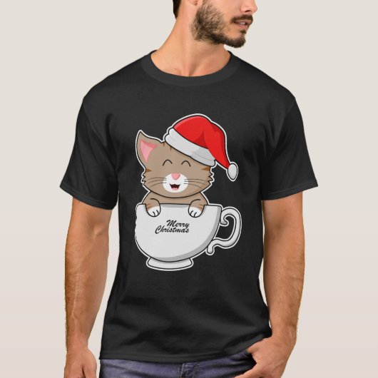 Kerstkat met kerstmuts in een kopje vrolijke Chris T-shirt (Voorkant)