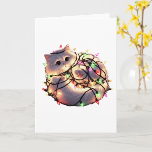 Kerstkat met kerstverlichting kaart (Gele Bloem)