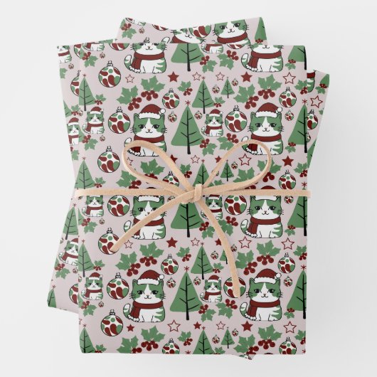 Kerstkat met kerstversiering inpakpapier vel (In situ)