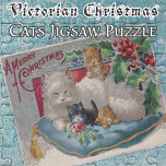 Kerstkat met Kittens  Victoriaans Legpuzzel<br><div class="desc">Deze puzzel heeft een vintage kerstkaart afbeelding met een mama poes en haar kittens met jou een vrolijk kerstfeest.</div>