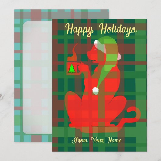 Kerstkat met Mok, Rood, personaliseer het Kaart (Voorkant / Achterkant)